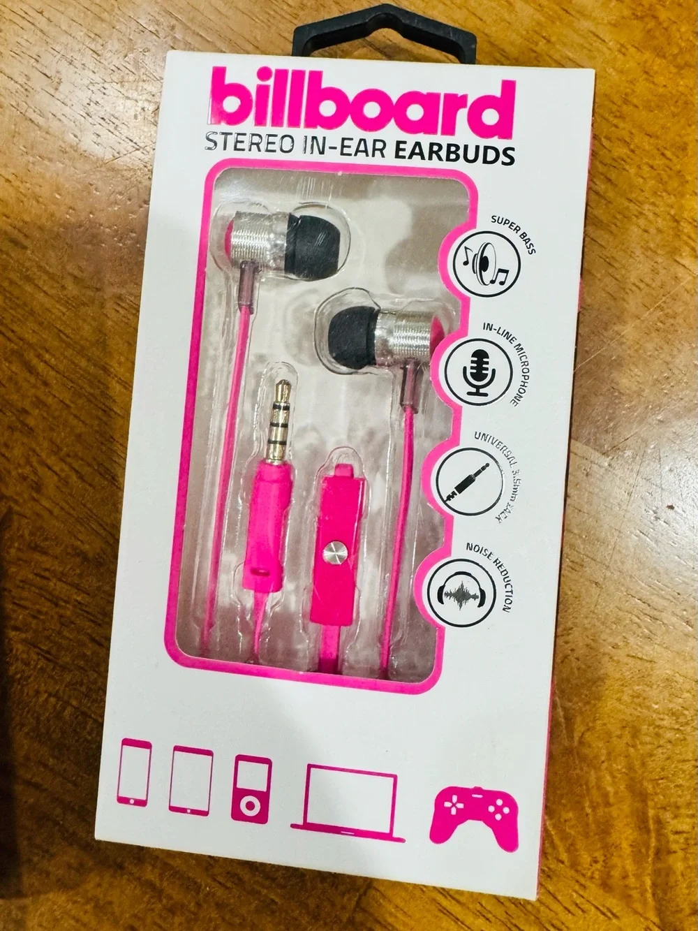 Billboard Stereo In-Ear Earbuds - 3 pair Black, Purple and Pink New